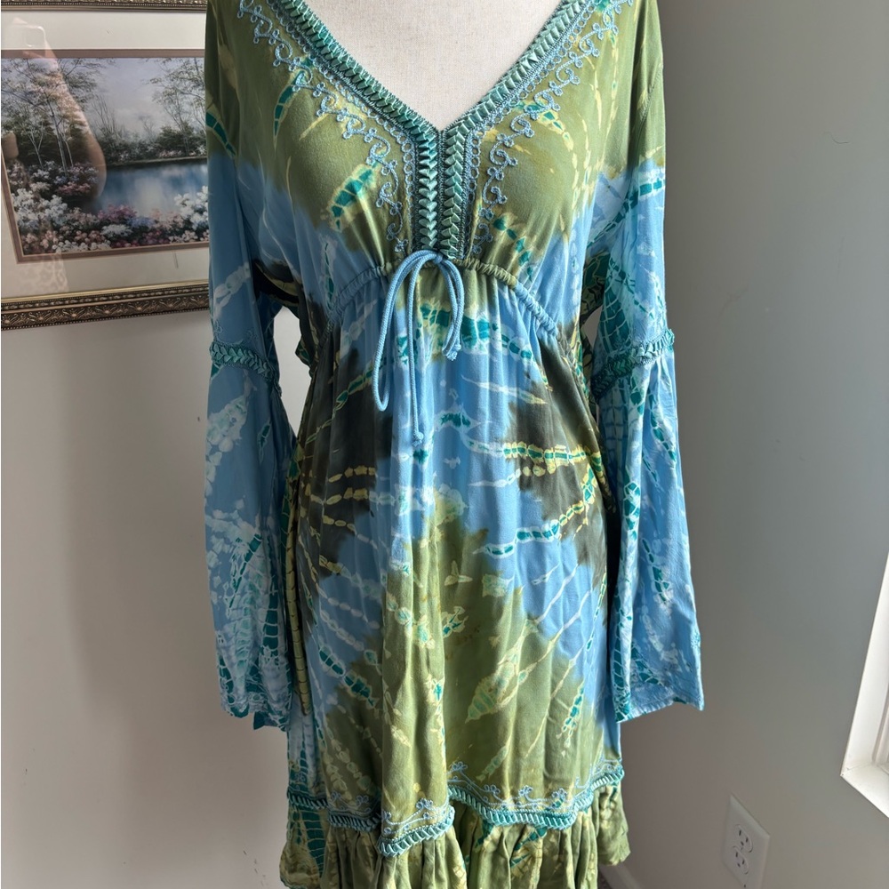 Moda International Green and Blue Ribbon Laced and Embroidered Dress